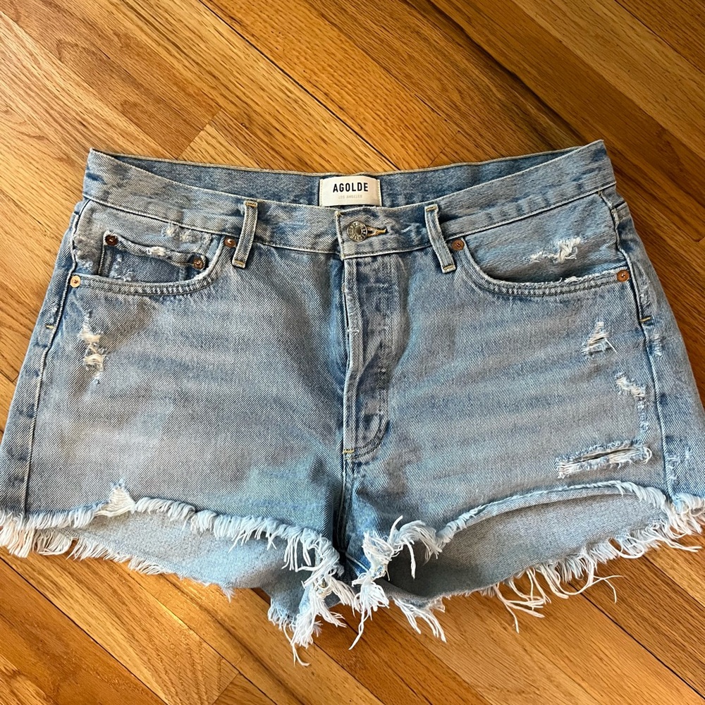 Agolde Light Blue Distressed Jean Shorts